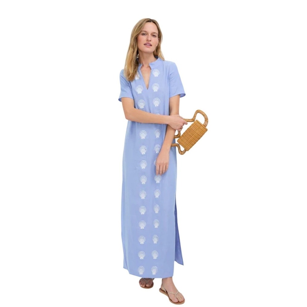 Sail to Sable NWT SZ XS LT Blue Linen Shell Embroidered Maxi‎ Kaftan Dress